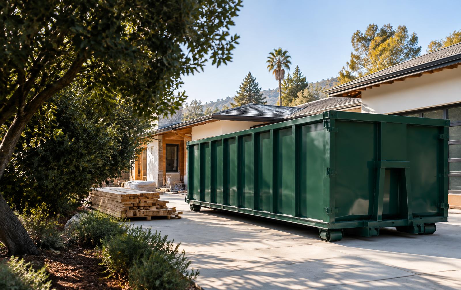Large green roll-off dumpster at a sunny California home renovation